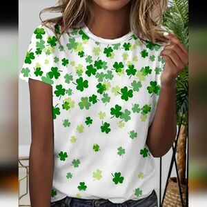 St Patrick's Day Shamrock Clover Print Crew Neck T-Shirt Sz 14